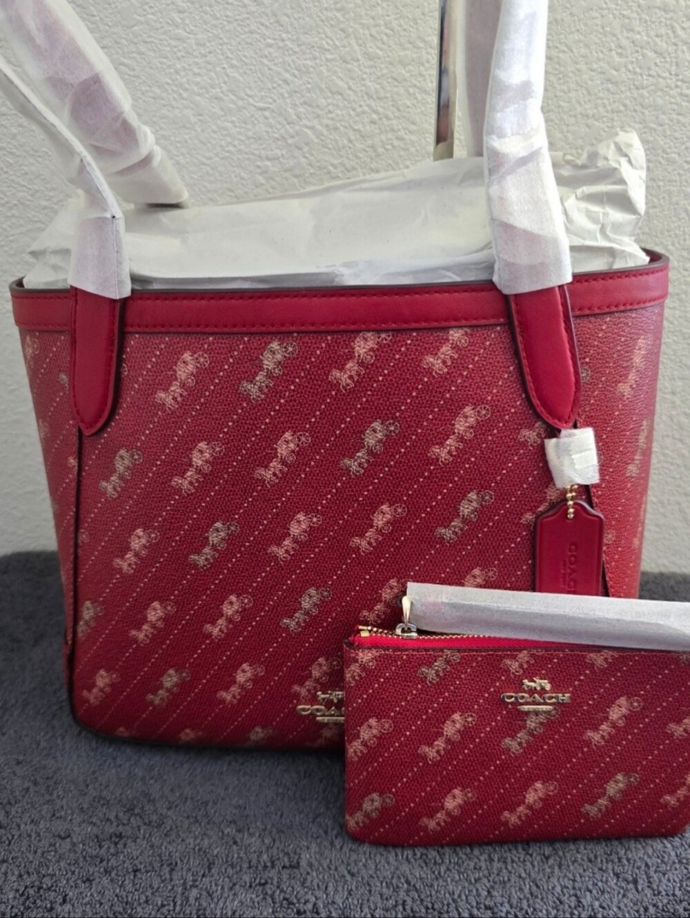 NWT COACH C4060 "RED" Diagonal Horse Carriage Print Shoulder Tote Bag & Wristlet